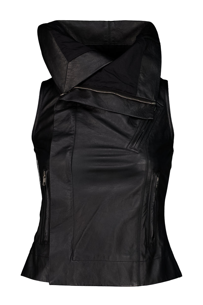 RICK OWENS HIGH NECK LEATHER VEST – BURIED DEEP