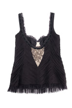 Load image into Gallery viewer, A black sleeveless camisole top with a pleated ruffled texture, sheer lace trim at the neckline and armholes, and a lace panel at the center front, shown on a plain white background.
