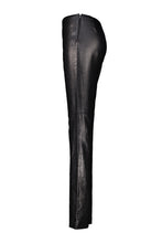 Load image into Gallery viewer, Black leather pants with a side zipper, shown from a side profile view against a plain white background.
