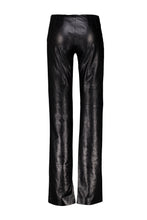 Load image into Gallery viewer, Black leather wide-leg pants with a glossy, crinkled texture, shown against a plain white background.
